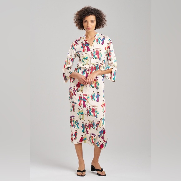 N Natori Geisha Printed Satin Zip Caftan Dress Size M Mandarin Soft Casual PJ’s - Picture 1 of 11